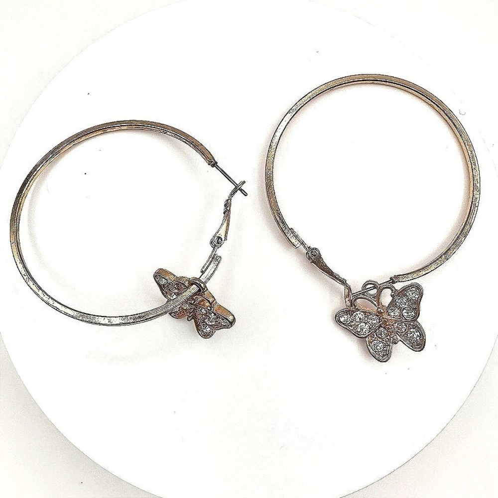 Vintage Y2K 90s Gold Tone Butterfly Hoop Charm Earrings Rhinestone Boho Jewelry